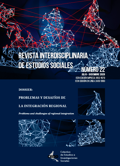 Tapa de revista número 22, Problemas y desafíos de la integración regional, mapa mundiál con lazos de intefgración, de fondo se ve partes de las banderas del MERCOSUR y la UE